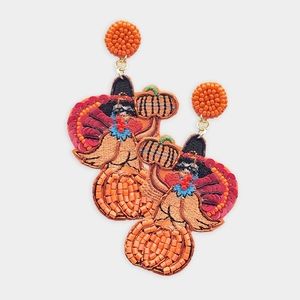 Thanksgiving Turkey Dangle Earrings Hat Holiday Beaded Orange Brown Drop Jewelry